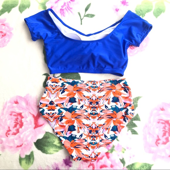RESTOCKED Maternity Blue/Orange Floral High Waist 2 Piece Swimsuit - Picture 5 of 5